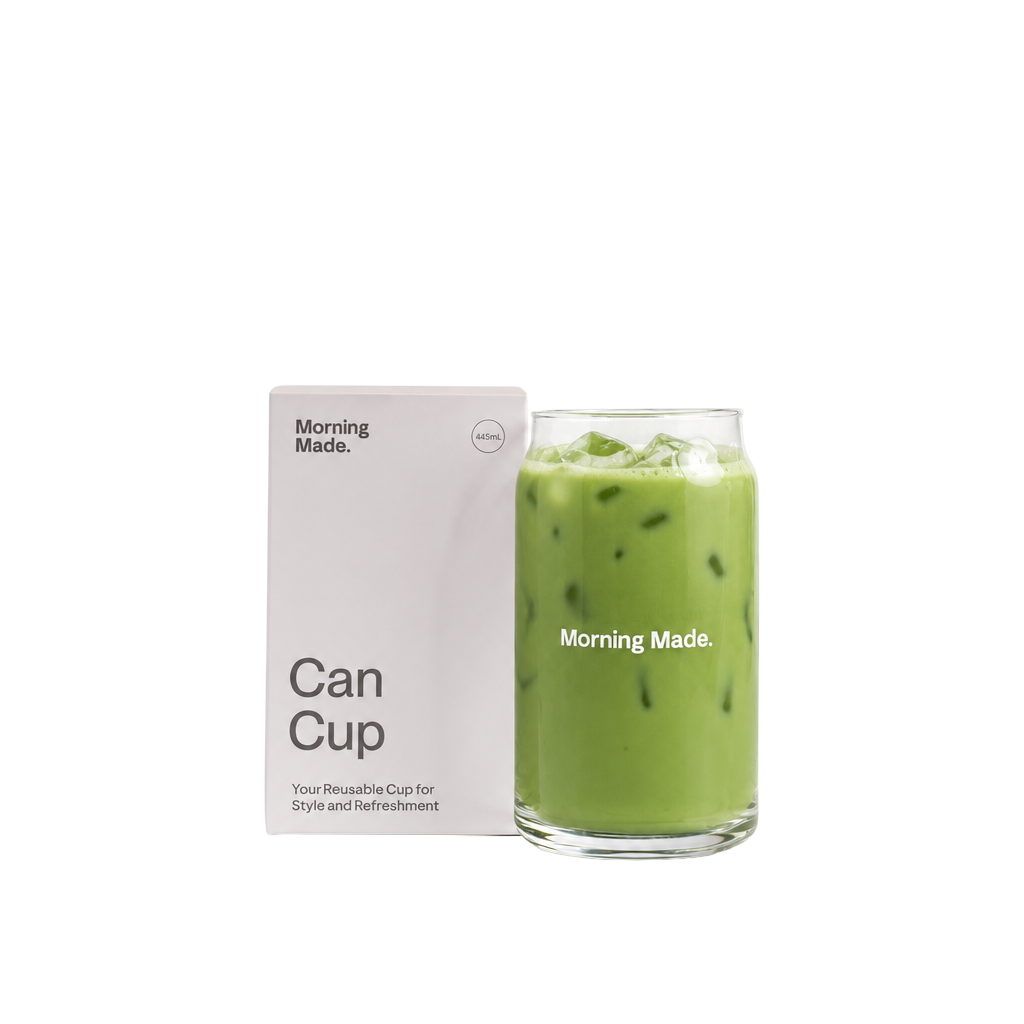 Iced matcha in a Morning Made Can Cup
